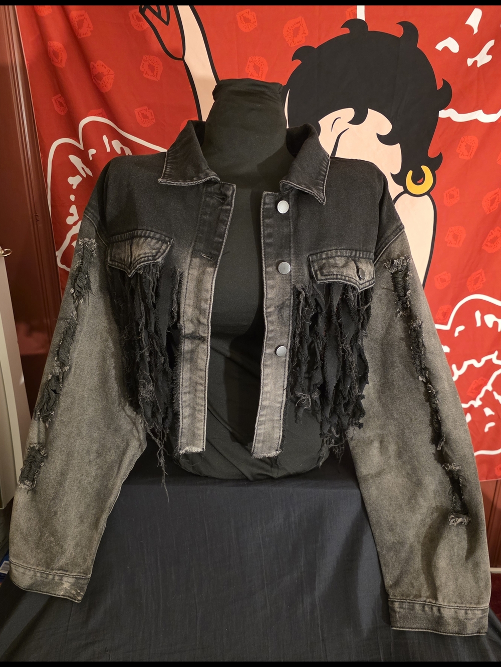 Black Distressed Cropped Denim Jacket